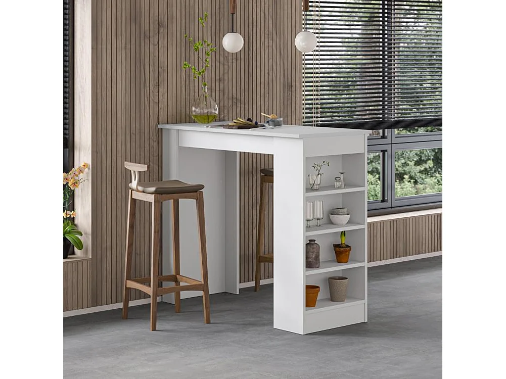 Tavolo da Bar con 4 Ripiani e Portaoggetti Bianco Salvaspazio 117x54x102 cm