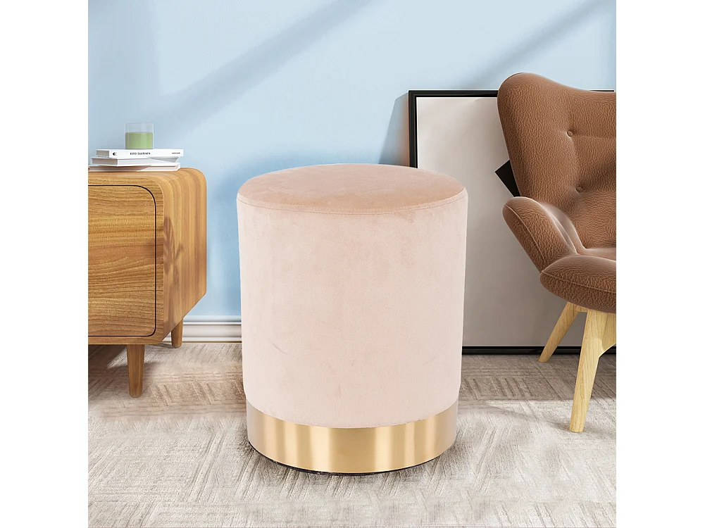 Pouf Poggiapiedi in Velluto Beige Struttura in Legno 31x31x38 cm Base dorata Metallo
