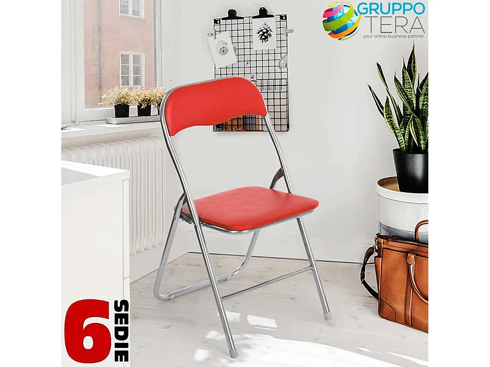Set 6 Pezzi Sedie Imbottite Pieghevoli Colore Rosso Struttura Silver Sedia Metal