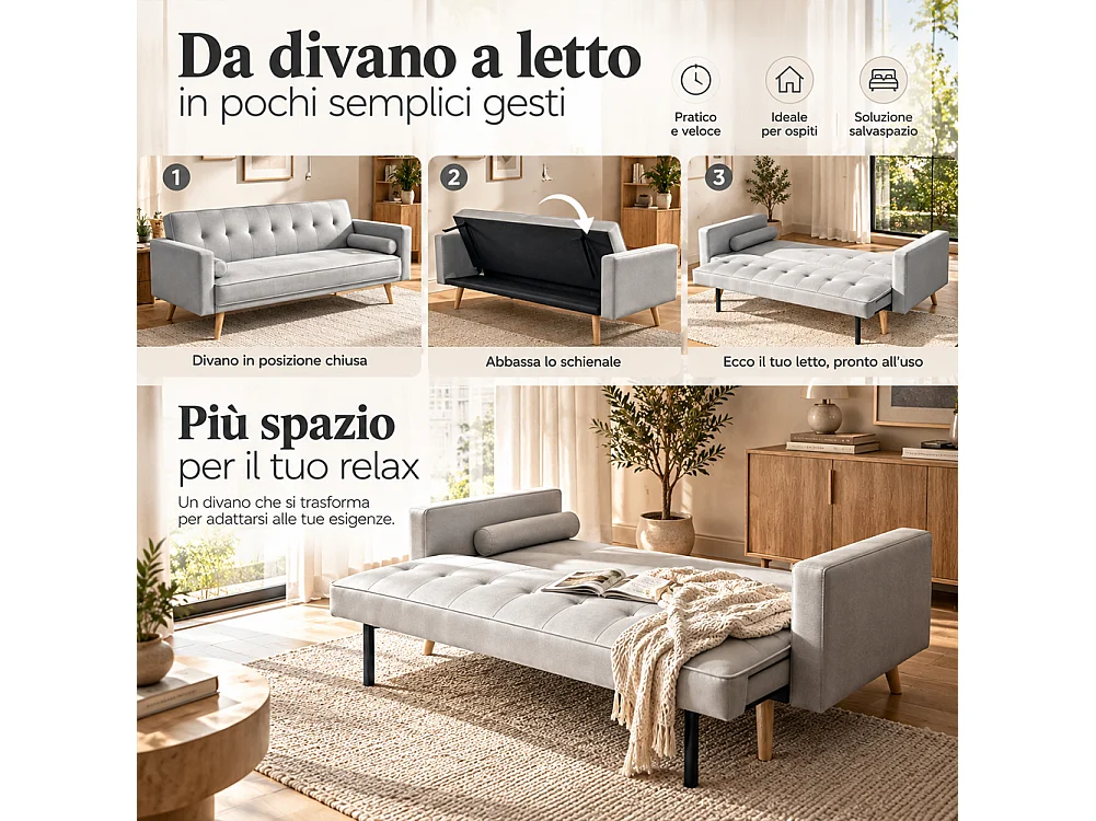 Divano Letto 3 Posti Ergonomico Grigio Chiaro con Struttura e Piedini in Legno
