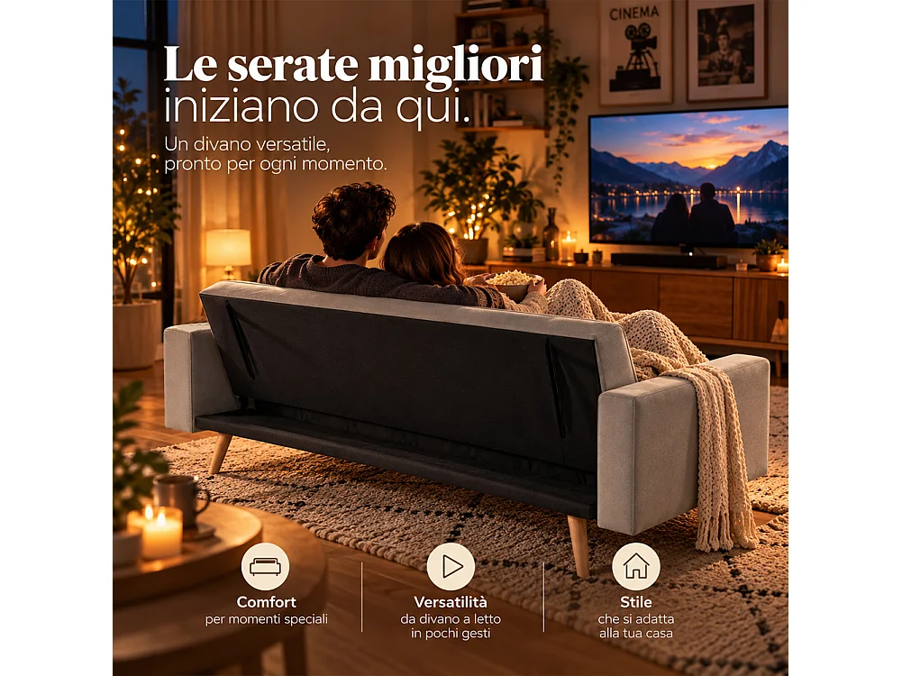 Divano Letto 3 Posti Ergonomico Grigio Chiaro con Struttura e Piedini in Legno