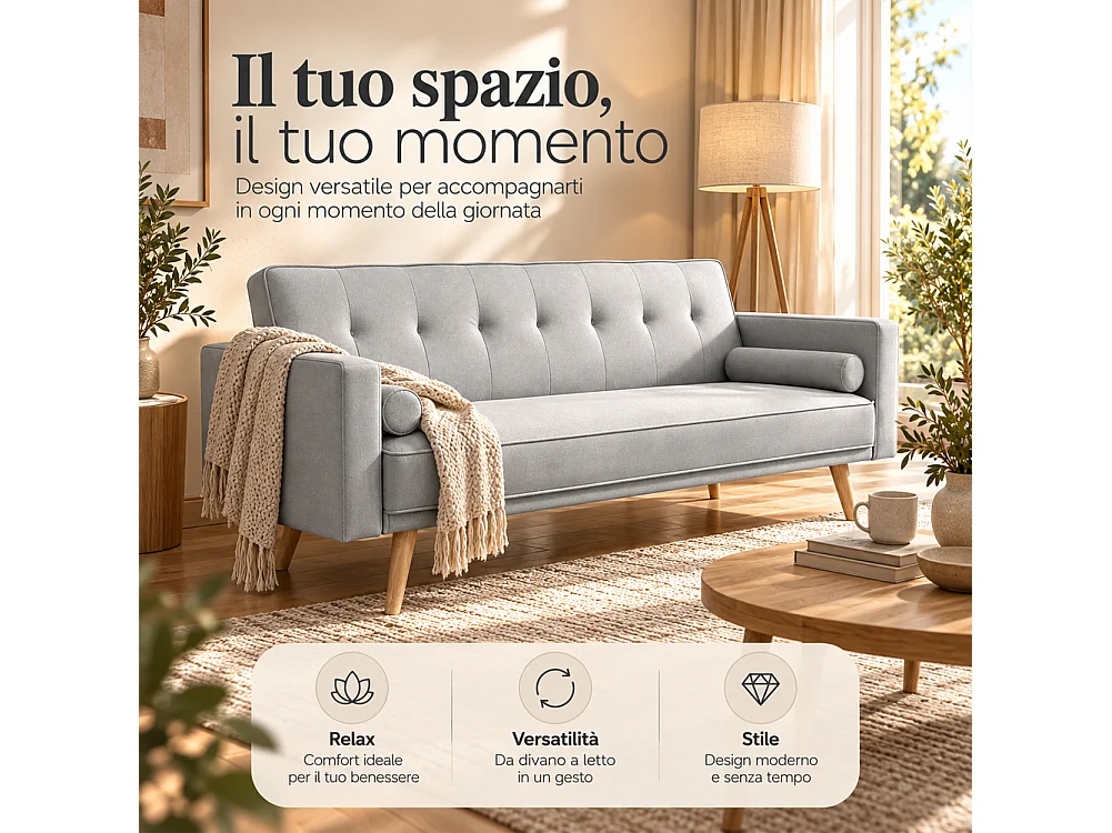 Divano Letto 3 Posti Ergonomico Grigio Chiaro con Struttura e Piedini in Legno