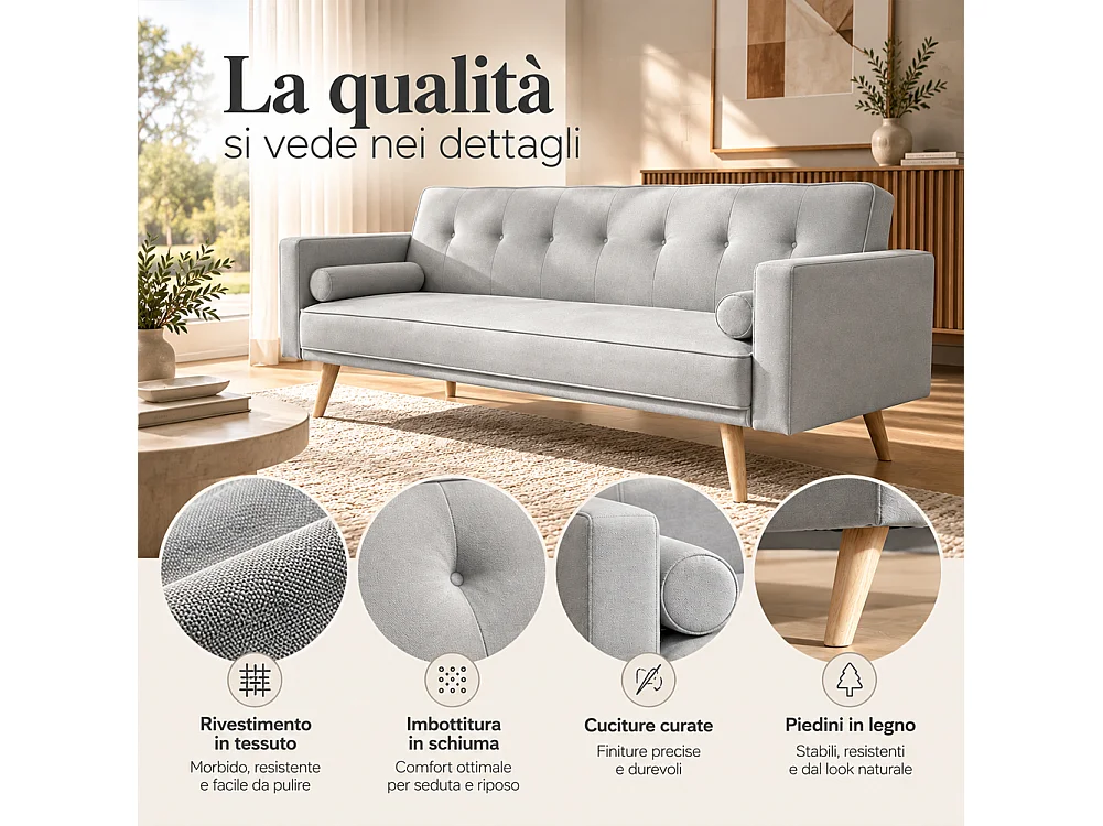 Divano Letto 3 Posti Ergonomico Grigio Chiaro con Struttura e Piedini in Legno