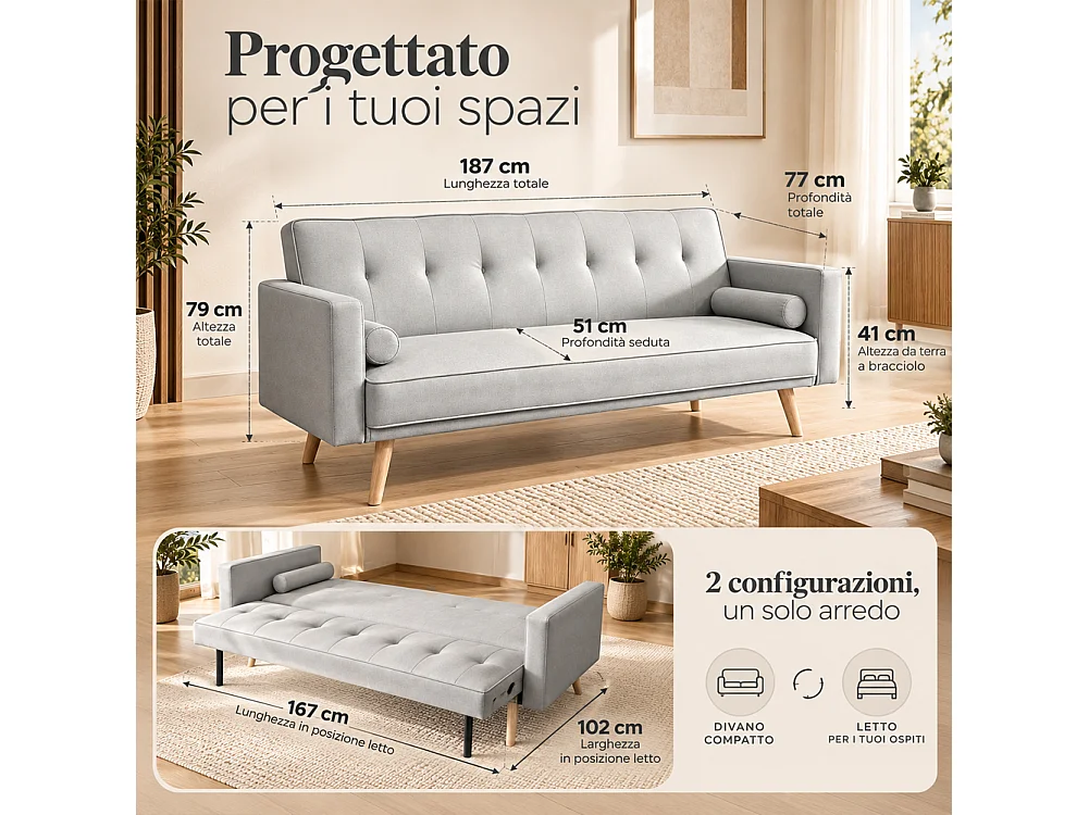 Divano Letto 3 Posti Ergonomico Grigio Chiaro con Struttura e Piedini in Legno