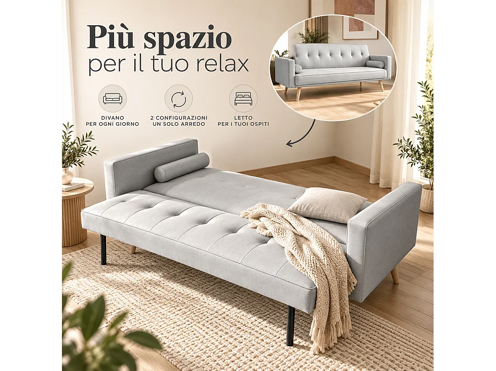 Divano Letto 3 Posti Ergonomico Grigio Chiaro con Struttura e Piedini in Legno