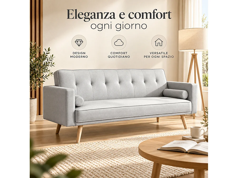 Divano Letto 3 Posti Ergonomico Grigio Chiaro con Struttura e Piedini in Legno