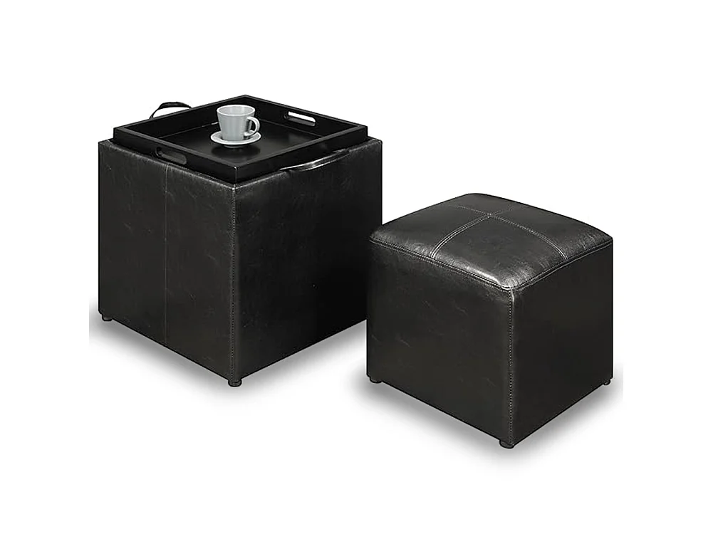 Set 2 Pouf Poggiapiedi in Ecopelle Nero Coperchio 2 in 1 Sgabello con Scomparto