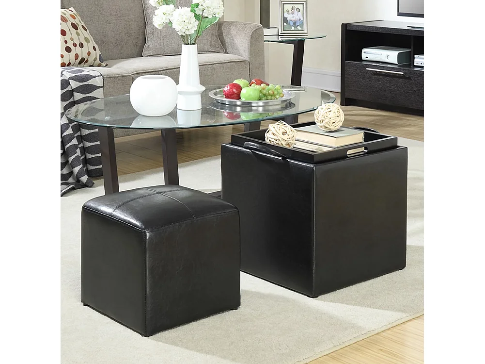 Set 2 Pouf Poggiapiedi in Ecopelle Nero Coperchio 2 in 1 Sgabello con Scomparto