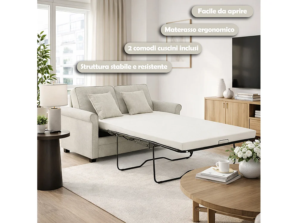 Divano Letto a 2 Posti Beige con Cuscino Memory Ergonomico con Apertura Facile
