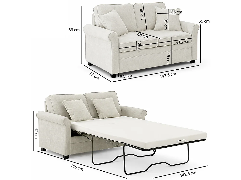 Divano Letto a 2 Posti Beige con Cuscino Memory Ergonomico con Apertura Facile