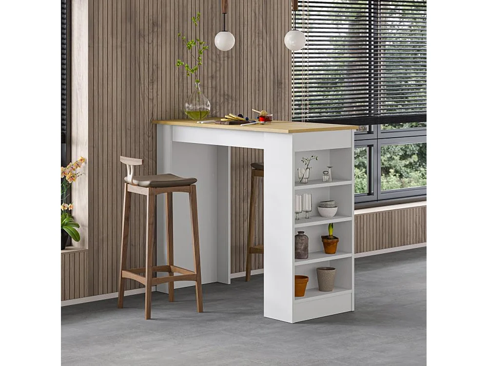Tavolo da Bar 4 Ripiani e Portaoggetti Bianco e Quercia Salvaspazio 117x54x102cm