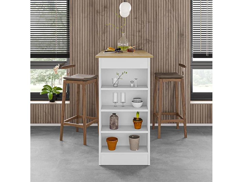 Tavolo da Bar 4 Ripiani e Portaoggetti Bianco e Quercia Salvaspazio 117x54x102cm