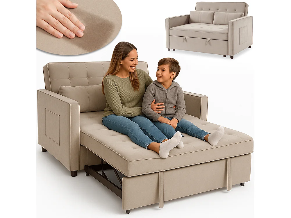 Divano Letto Due Posti in Velluto Premium con Imbottitura Alta Densità Beige