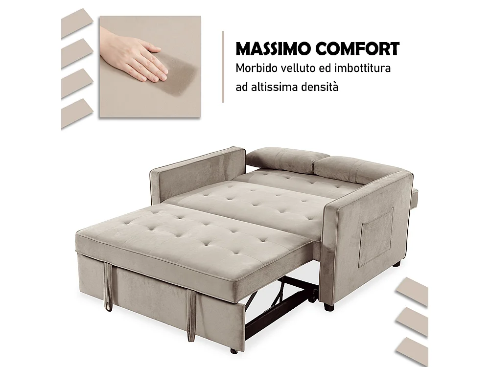 Divano Letto Due Posti in Velluto Premium con Imbottitura Alta Densità Beige