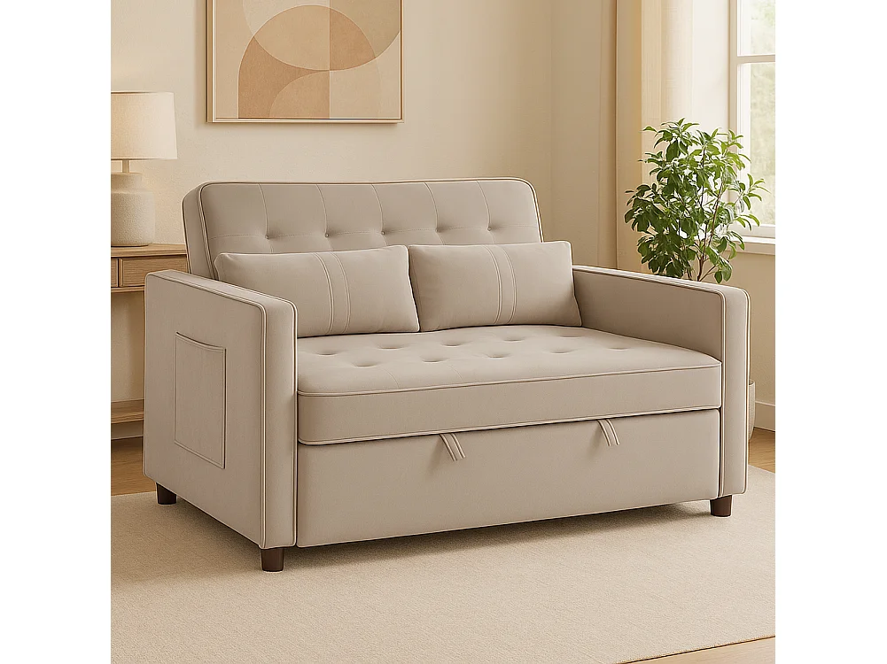 Divano Letto Due Posti in Velluto Premium con Imbottitura Alta Densità Beige
