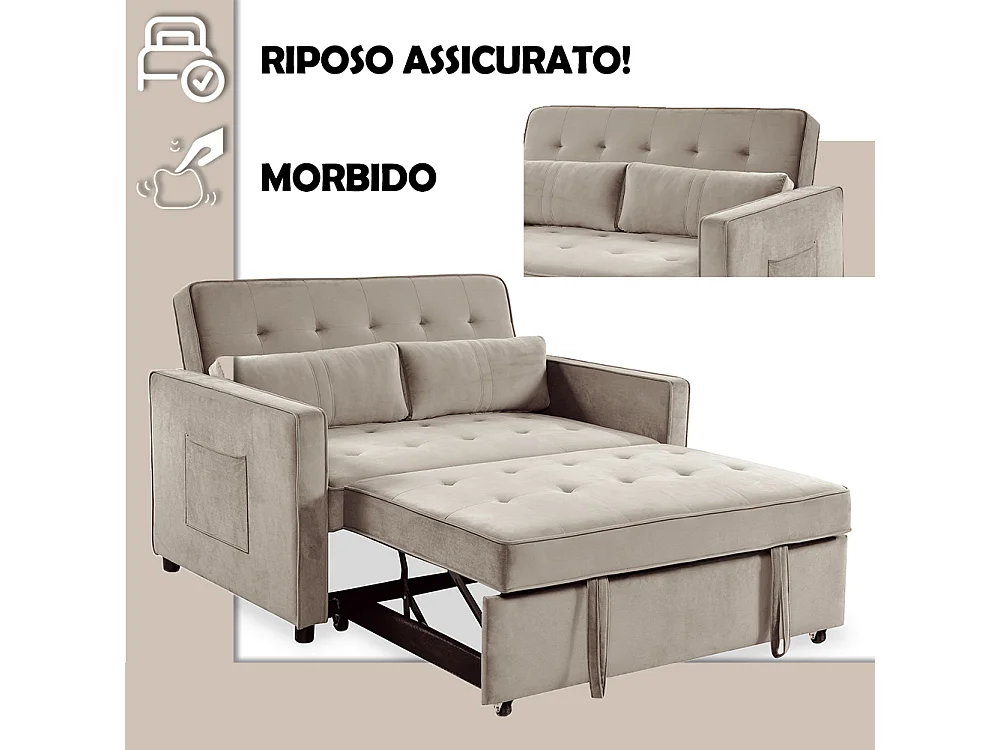 Divano Letto Due Posti in Velluto Premium con Imbottitura Alta Densità Beige