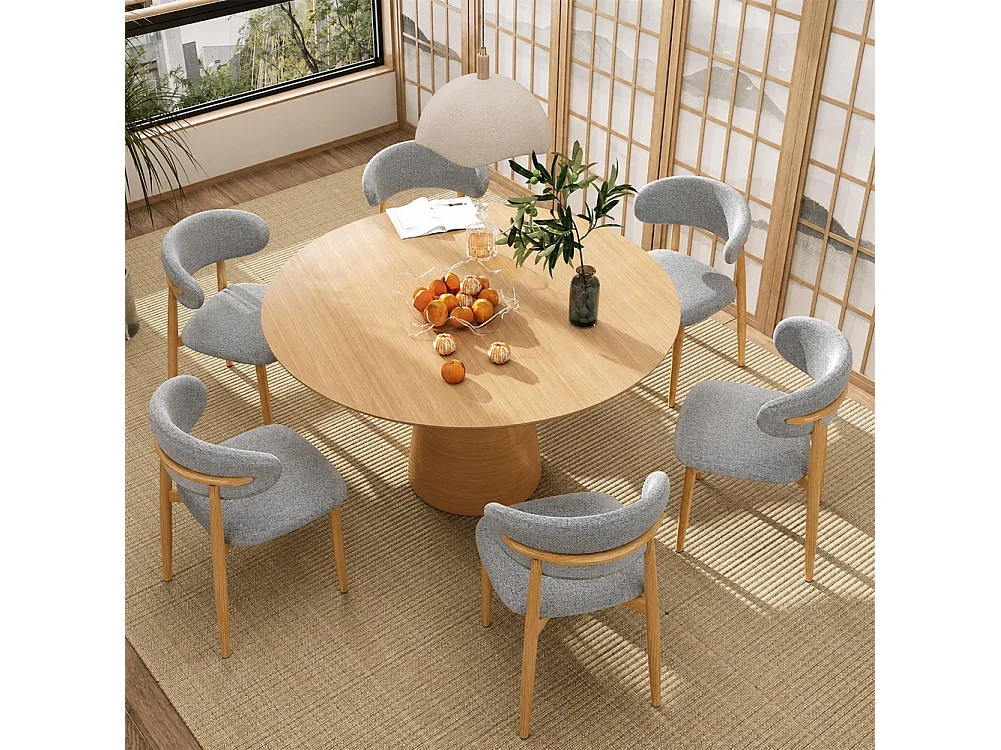 Set 4 Sedie da Pranzo con Gambe in Metallo Effetto Legno e Seduta Tessuto Grigio