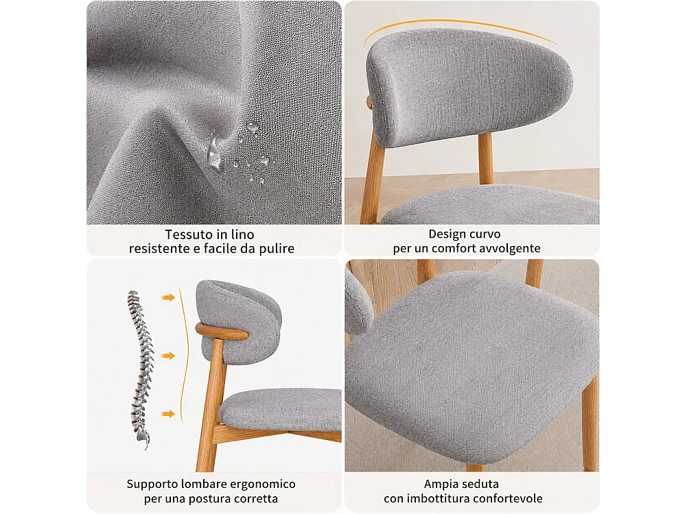 Set 4 Sedie da Pranzo con Gambe in Metallo Effetto Legno e Seduta Tessuto Grigio