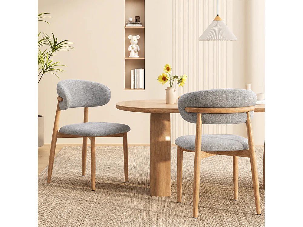 Set 4 Sedie da Pranzo con Gambe in Metallo Effetto Legno e Seduta Tessuto Grigio