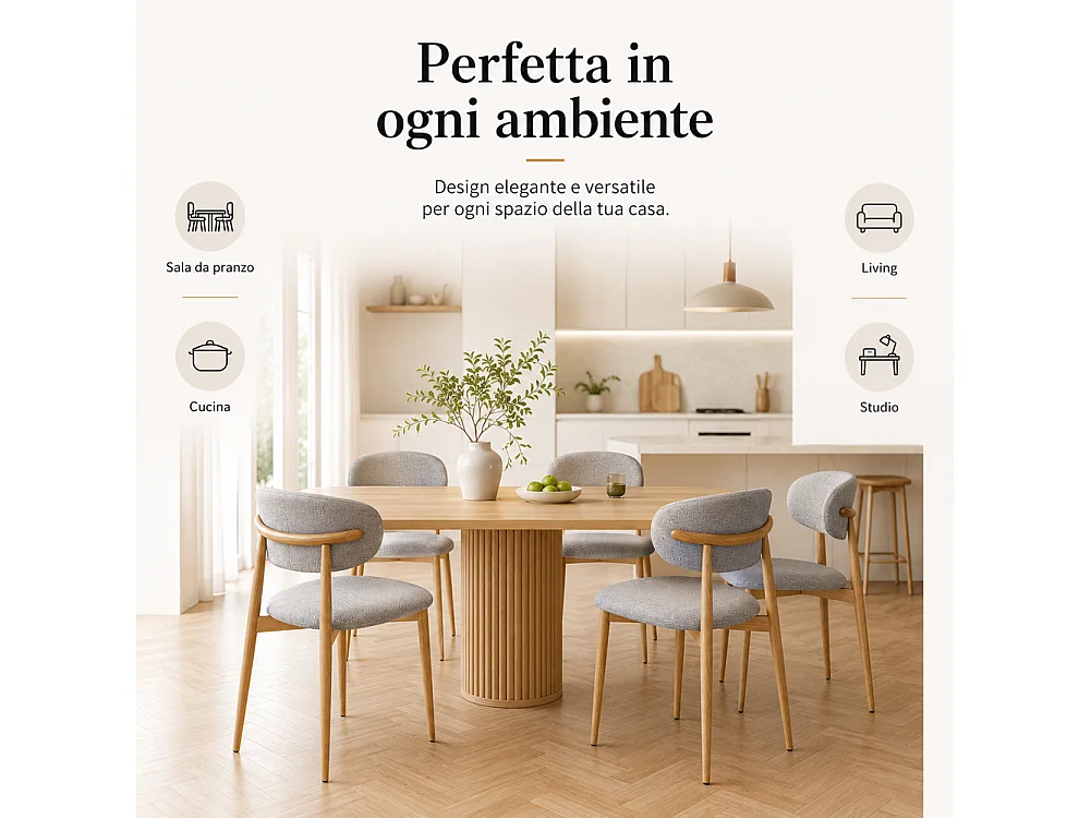 Set 4 Sedie da Pranzo con Gambe in Metallo Effetto Legno e Seduta Tessuto Grigio