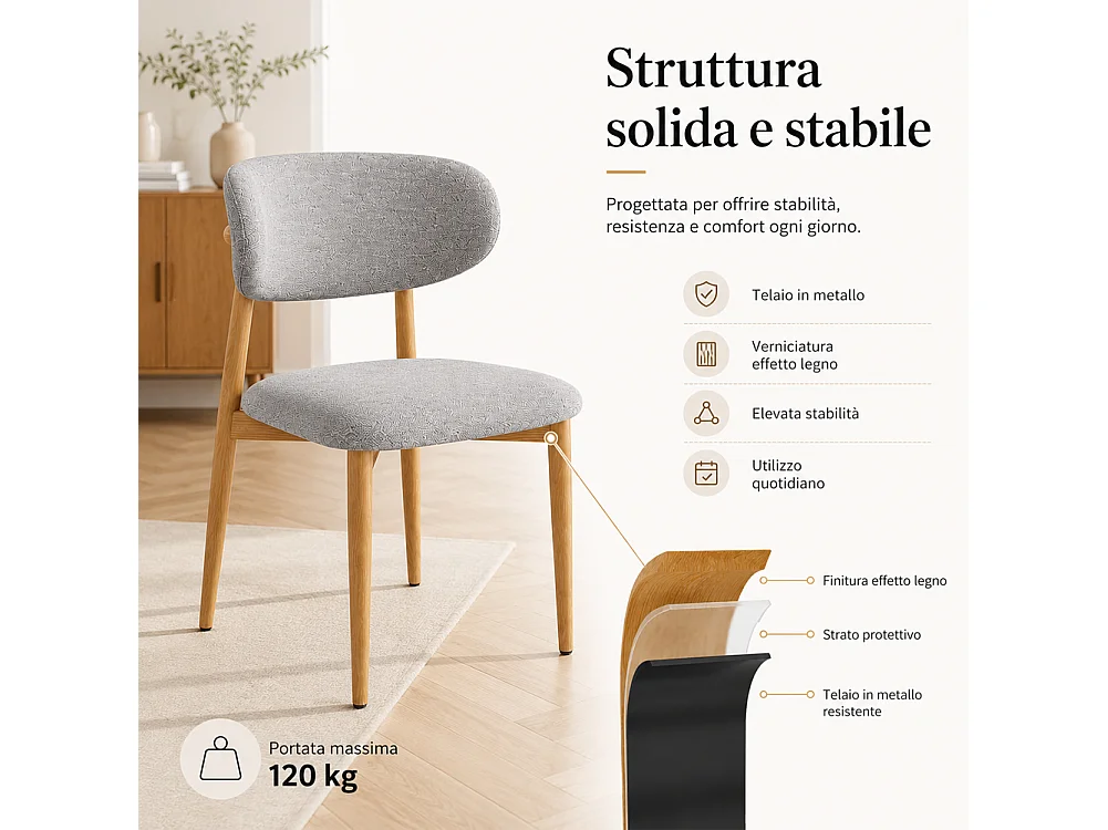 Set 4 Sedie da Pranzo con Gambe in Metallo Effetto Legno e Seduta Tessuto Grigio