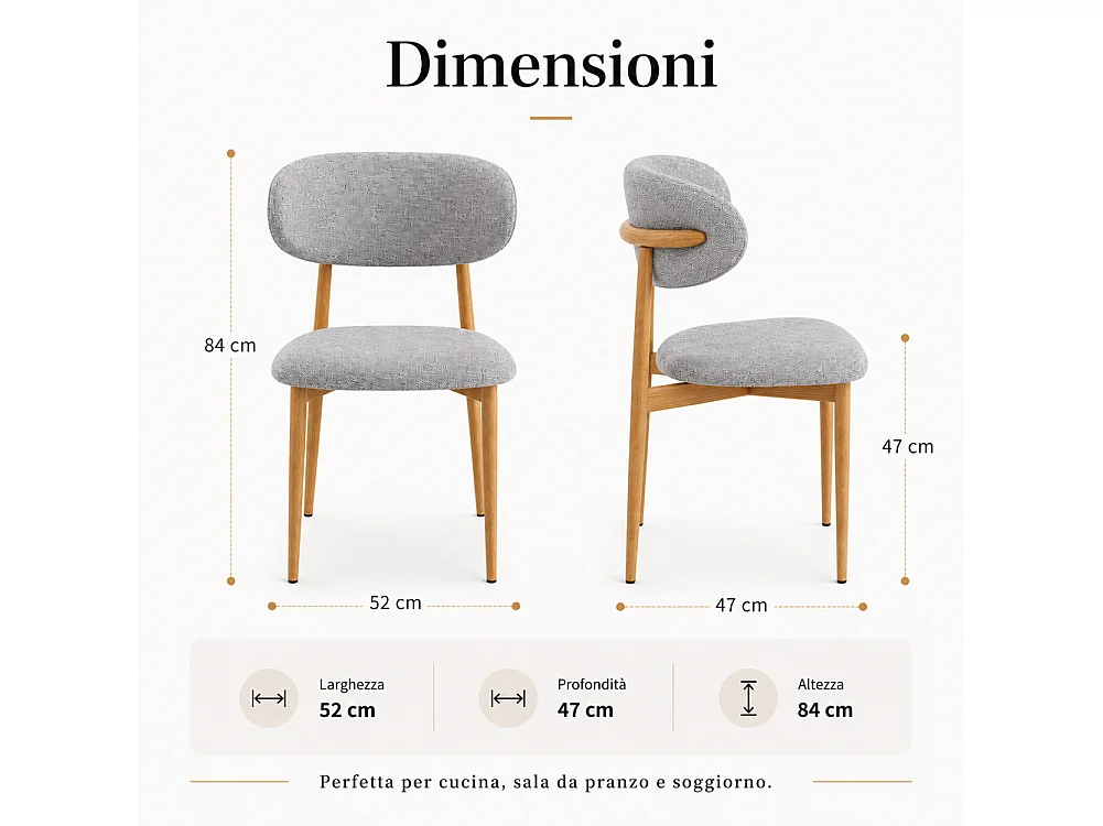 Set 4 Sedie da Pranzo con Gambe in Metallo Effetto Legno e Seduta Tessuto Grigio