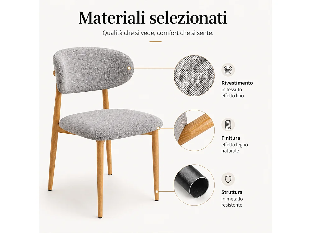 Set 4 Sedie da Pranzo con Gambe in Metallo Effetto Legno e Seduta Tessuto Grigio