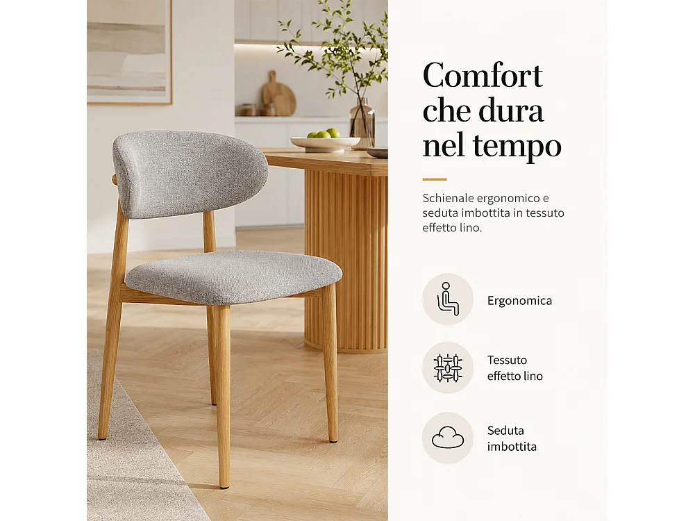 Set 4 Sedie da Pranzo con Gambe in Metallo Effetto Legno e Seduta Tessuto Grigio