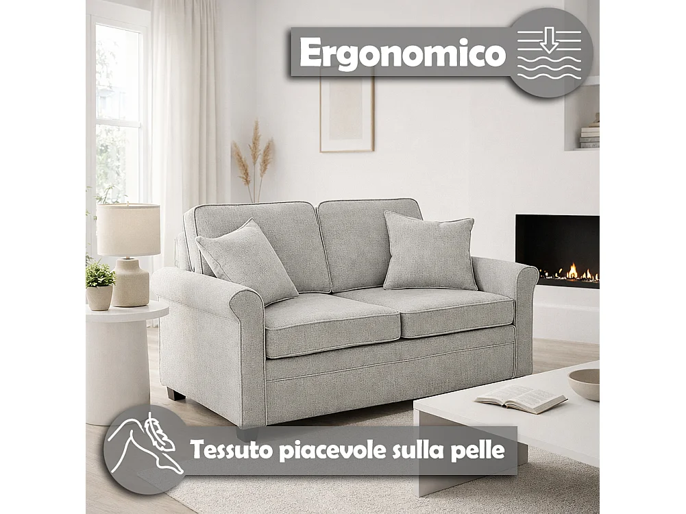 Divano Letto a 2 Posti Grigio con Cuscino Memory Ergonomico con Apertura Facile