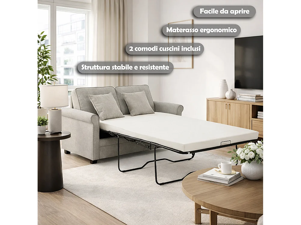 Divano Letto a 2 Posti Grigio con Cuscino Memory Ergonomico con Apertura Facile