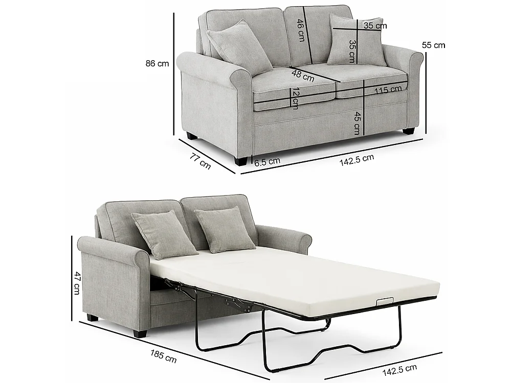 Divano Letto a 2 Posti Grigio con Cuscino Memory Ergonomico con Apertura Facile