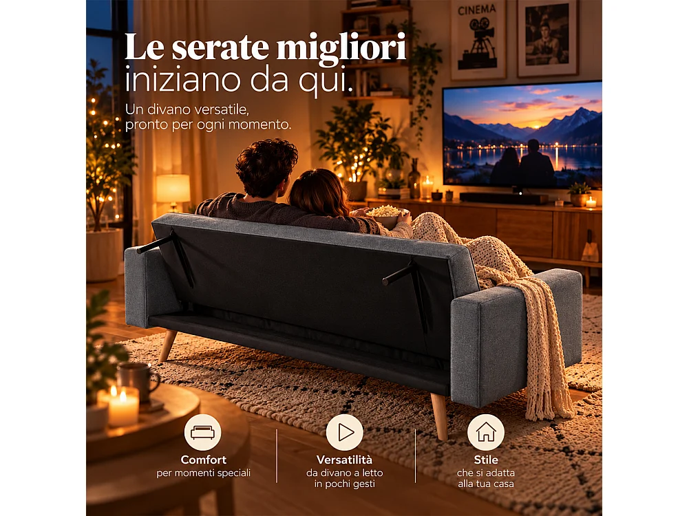Divano Letto 3 Posti Ergonomico Grigio Scuro con Struttura e Piedini in Legno