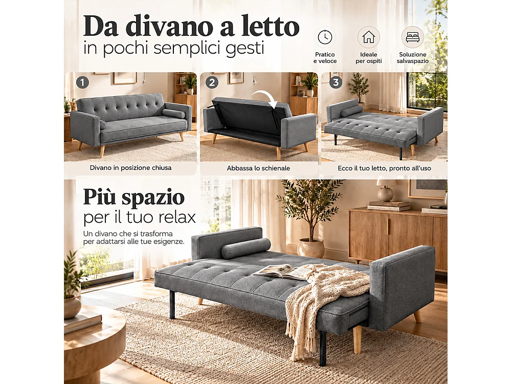Divano Letto 3 Posti Ergonomico Grigio Scuro con Struttura e Piedini in Legno