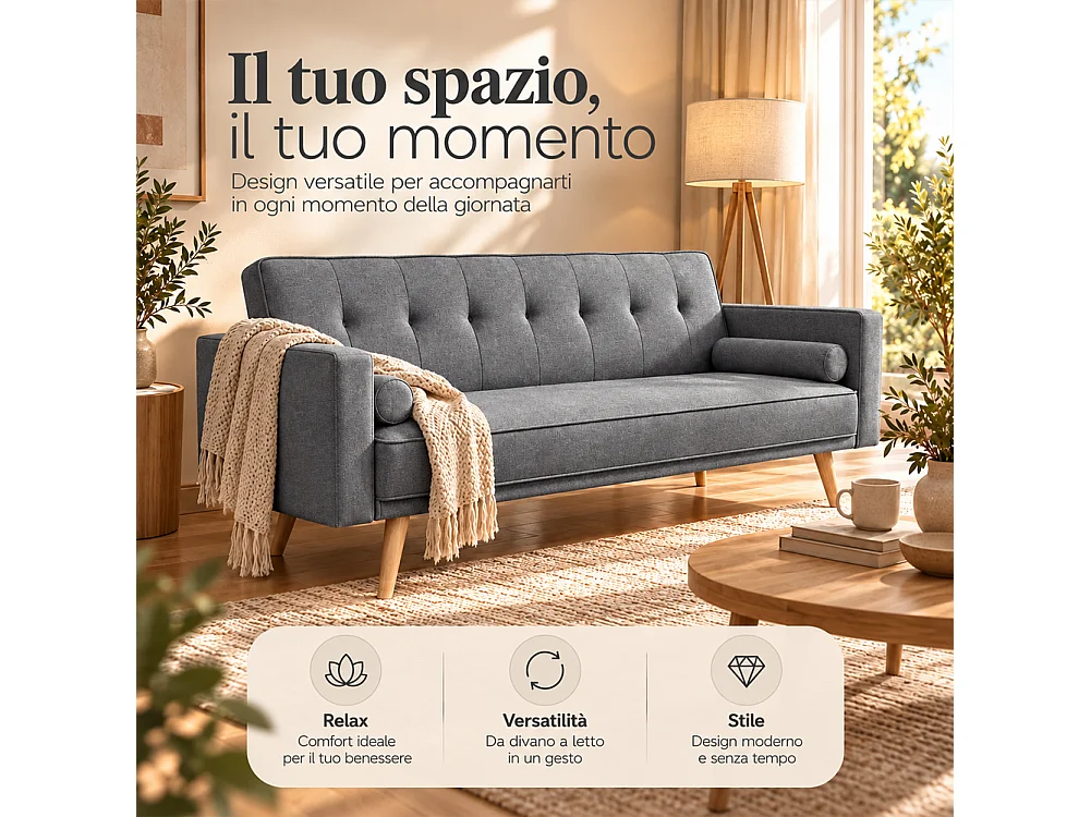 Divano Letto 3 Posti Ergonomico Grigio Scuro con Struttura e Piedini in Legno
