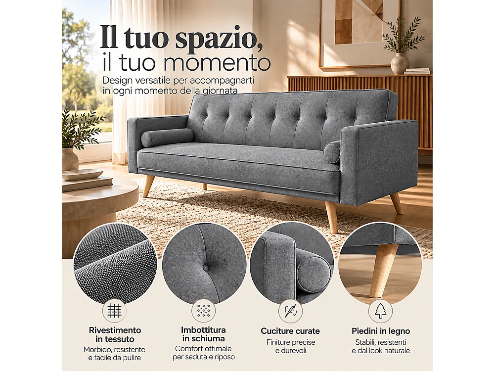 Divano Letto 3 Posti Ergonomico Grigio Scuro con Struttura e Piedini in Legno