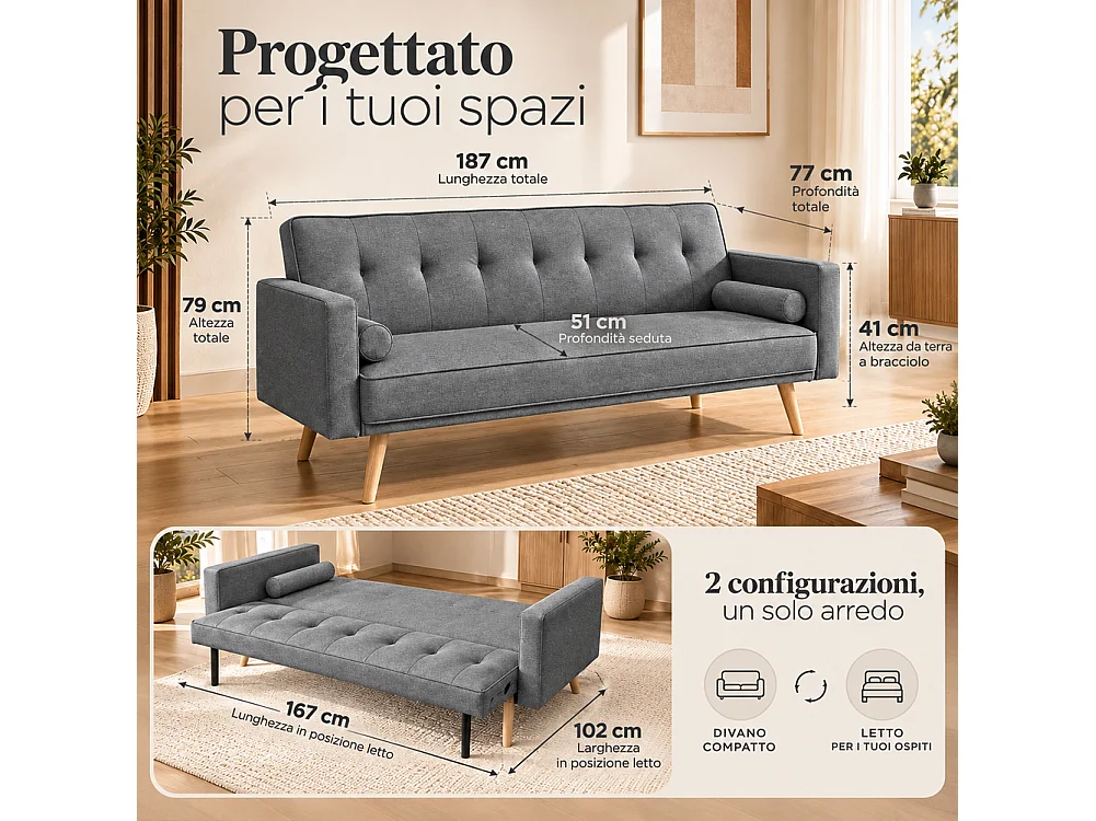 Divano Letto 3 Posti Ergonomico Grigio Scuro con Struttura e Piedini in Legno