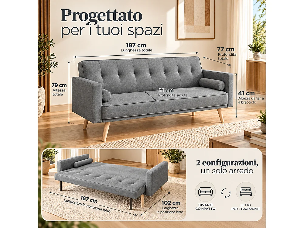 Divano Letto 3 Posti Ergonomico Grigio Scuro con Struttura e Piedini in Legno