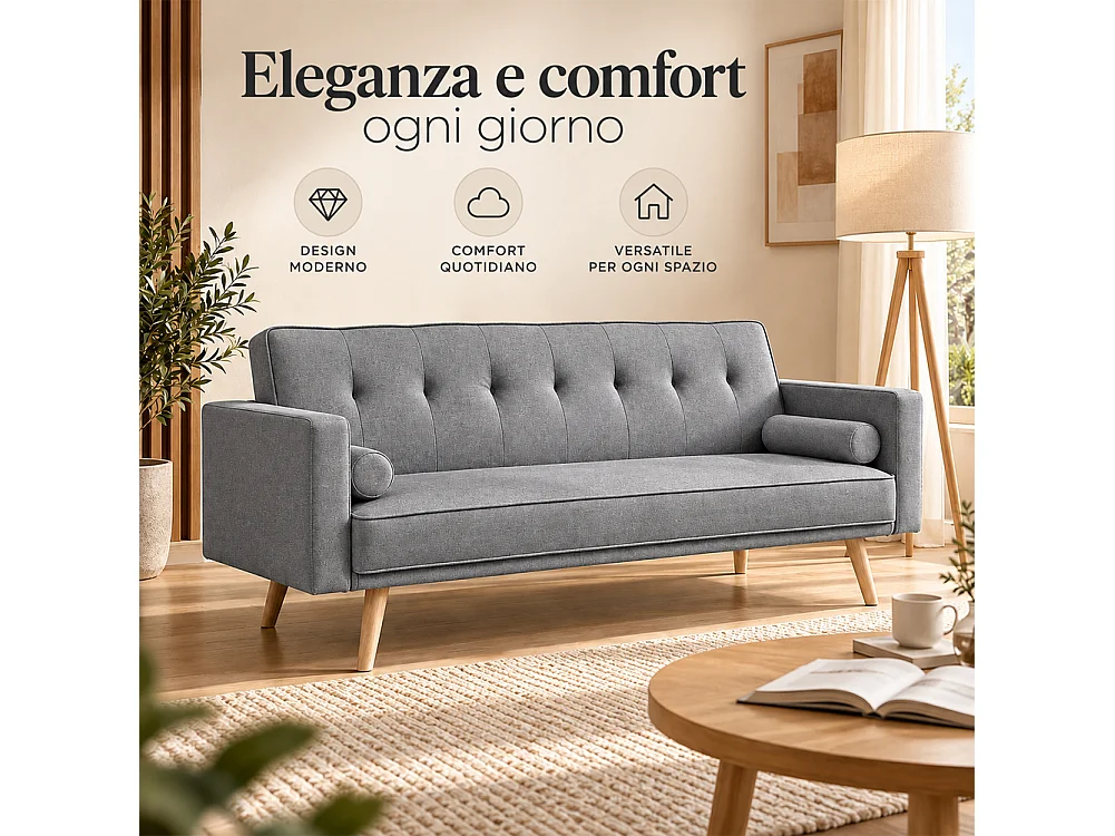Divano Letto 3 Posti Ergonomico Grigio Scuro con Struttura e Piedini in Legno