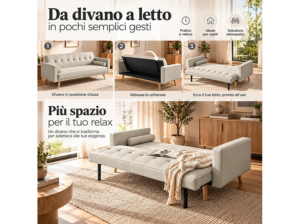 Divano Letto 3 Posti Ergonomico Beige con Struttura e Piedini in Legno