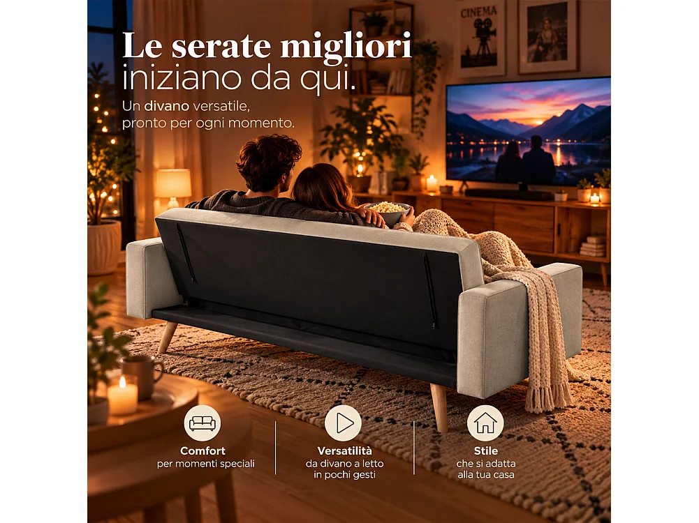 Divano Letto 3 Posti Ergonomico Beige con Struttura e Piedini in Legno