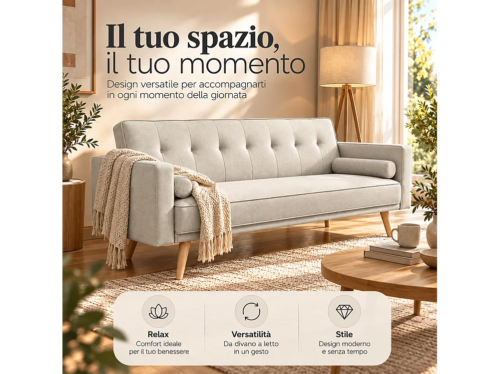 Divano Letto 3 Posti Ergonomico Beige con Struttura e Piedini in Legno