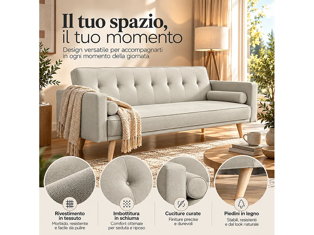 Divano Letto 3 Posti Ergonomico Beige con Struttura e Piedini in Legno