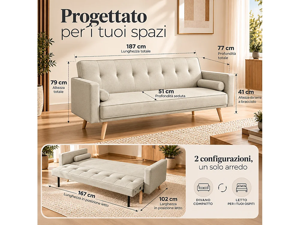 Divano Letto 3 Posti Ergonomico Beige con Struttura e Piedini in Legno