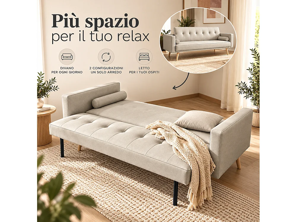 Divano Letto 3 Posti Ergonomico Beige con Struttura e Piedini in Legno