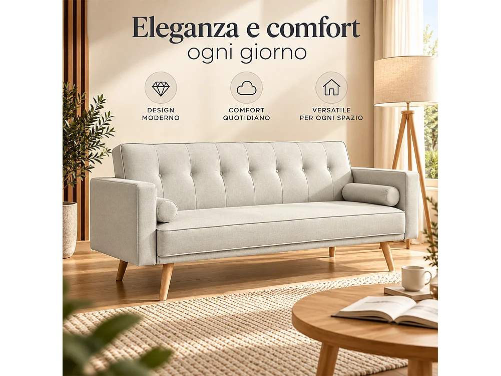Divano Letto 3 Posti Ergonomico Beige con Struttura e Piedini in Legno
