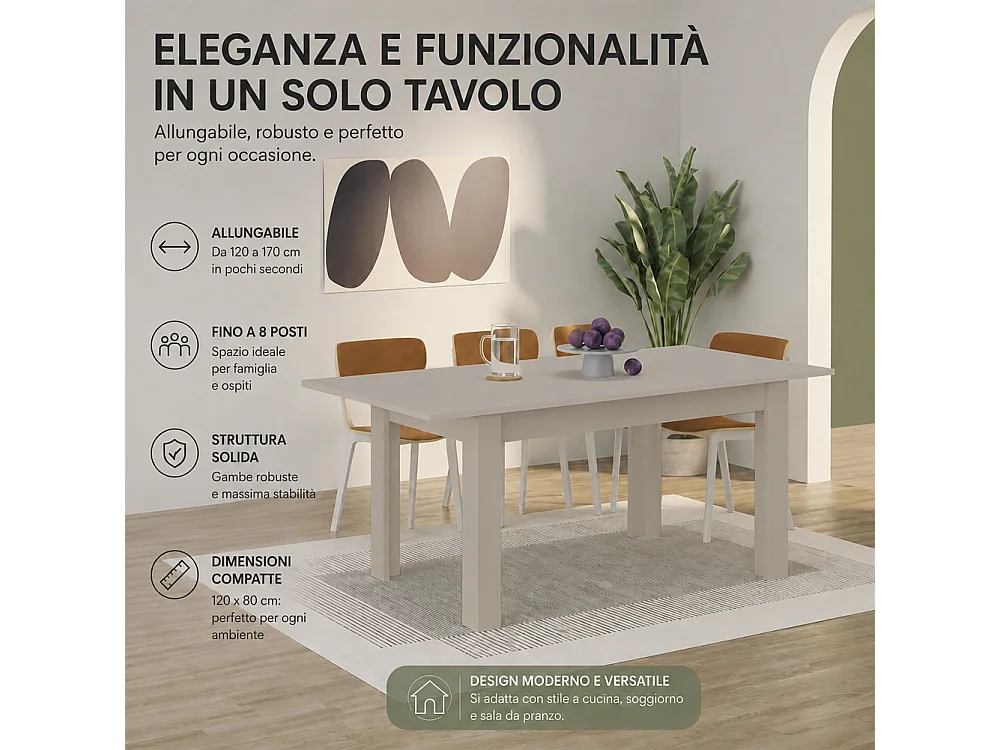 Tavolo da Pranzo 120x80 Allungabile fino a 170 cm Rettangolare in Legno Sabbia