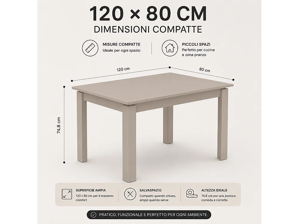 Tavolo da Pranzo 120x80 Allungabile fino a 170 cm Rettangolare in Legno Sabbia