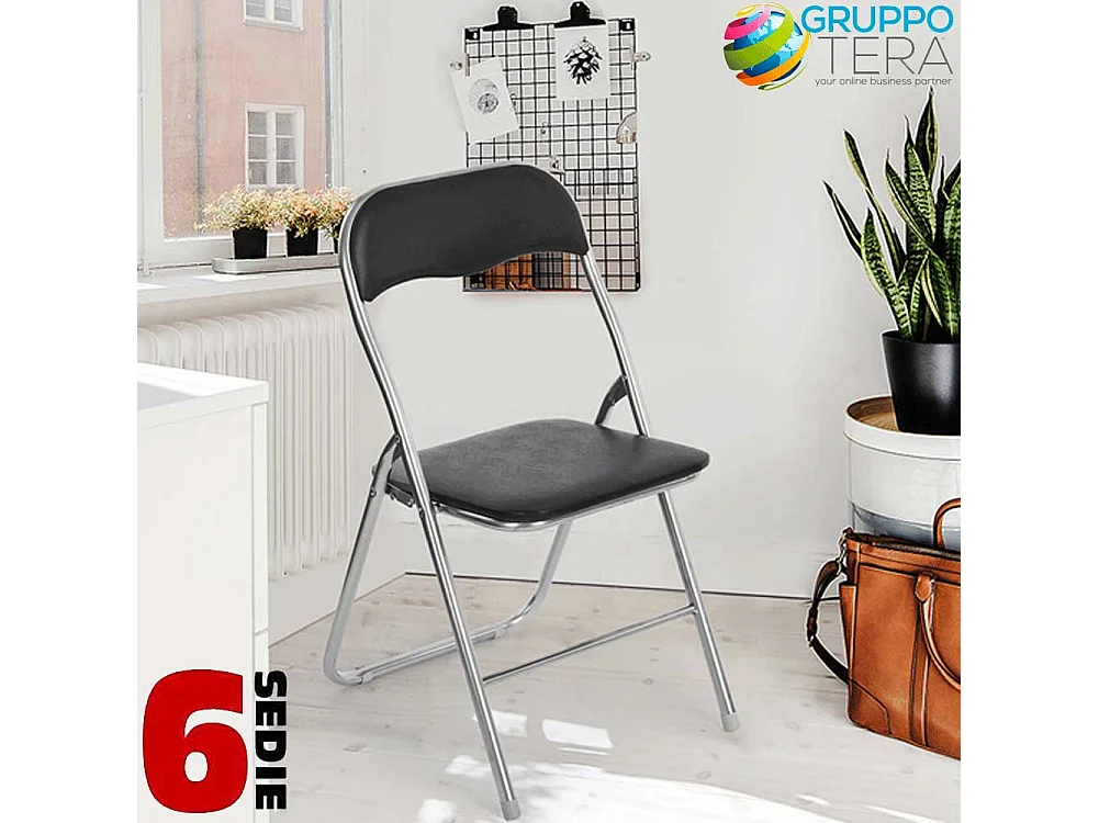 Set 6 Pezzi Sedie Imbottite Pieghevoli Colore Nero Struttura Silver Sedia Metal