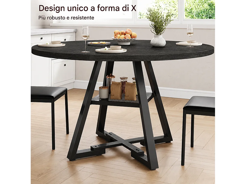 Tavolo per Sala da Pranzo Tondo Nero con Ripiano Portaoggetti 120x120x76cm