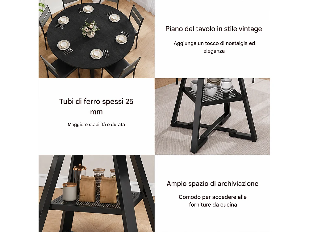 Tavolo per Sala da Pranzo Tondo Nero con Ripiano Portaoggetti 120x120x76cm